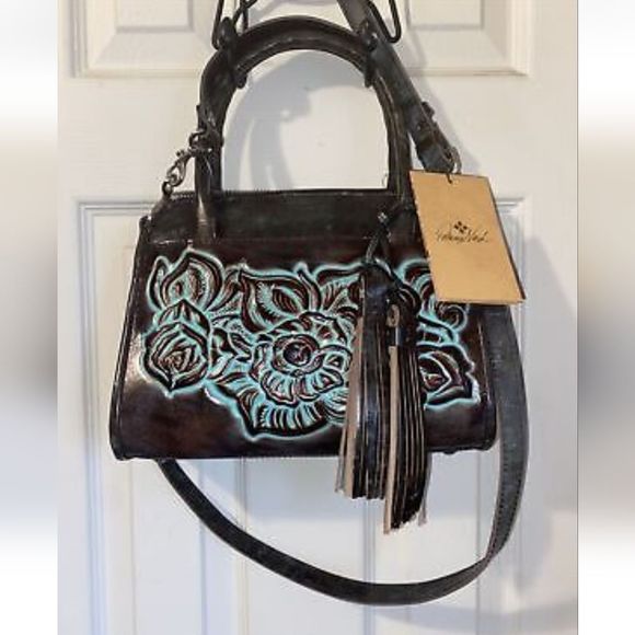 Patricia Nash Paris Satchel Tooled Turquoise Brown Leather P018133 New - Picture 4 of 16
